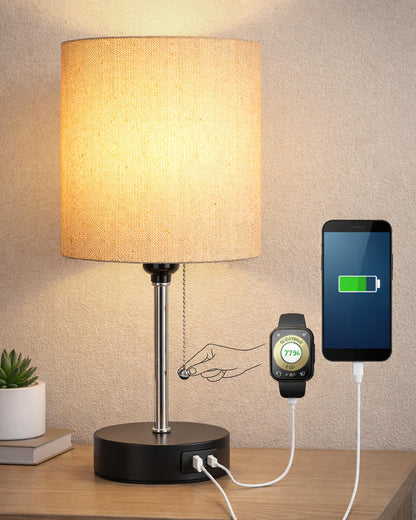 Homesake® Bedside Lamp for Bedroom Nightstand Table Light with USB A | C Charging Port, 3 Color Temperatures Pull Chain Light, Side Study Desk lamp, Reading lamp, Living Room Gift