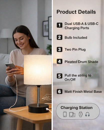 Homesake® Bedside Lamp for Bedroom Nightstand Table Light with USB A | C Charging Port, 3 Color Temperatures Pull Chain Light, Side Study Desk lamp, Reading lamp, Living Room Gift