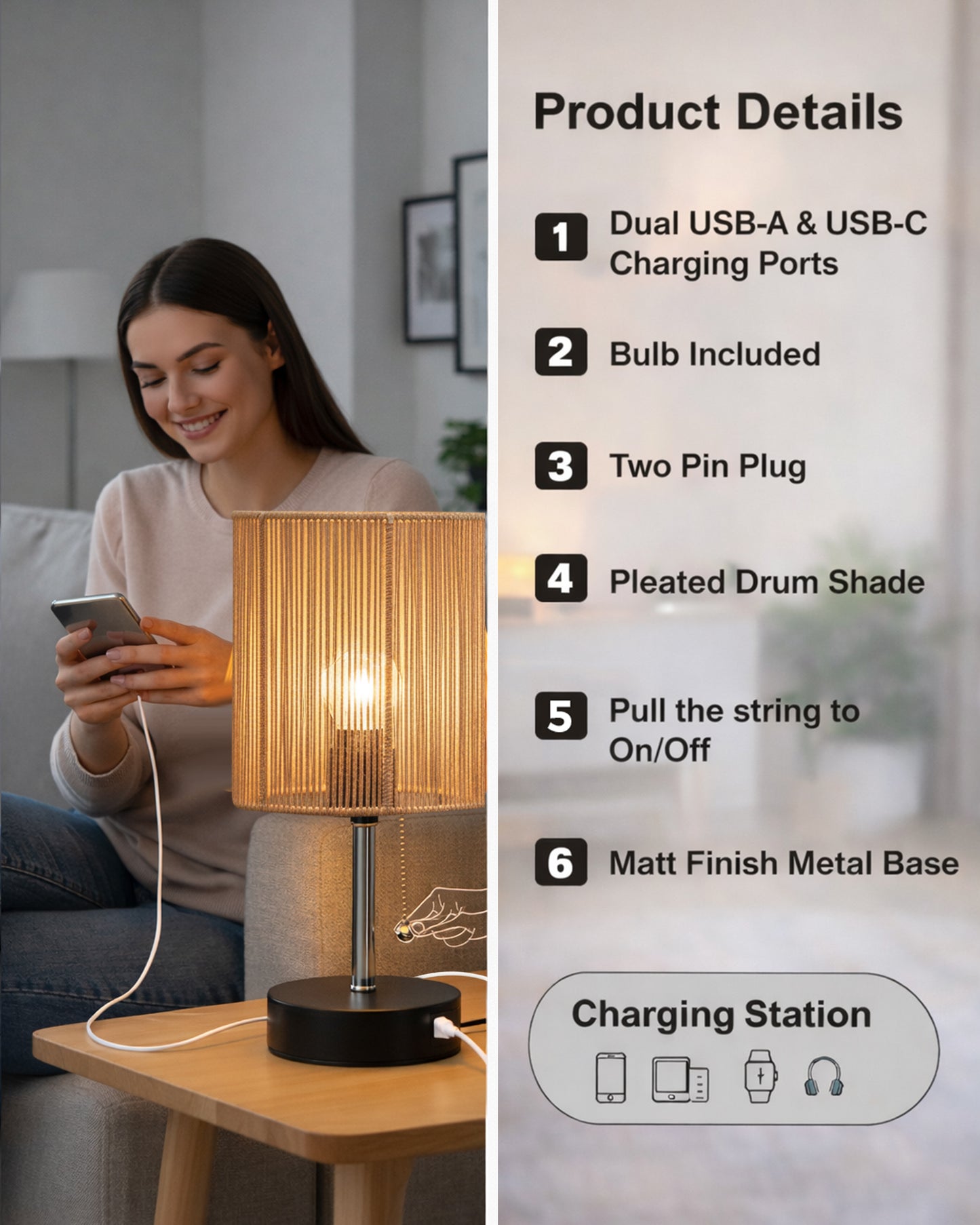 Homesake® Bedside Lamp for Bedroom Nightstand Table Light with USB A | C Charging Port, 3 Color Temperatures Pull Chain Light, Side Study Desk lamp, Reading lamp, Living Room Gift