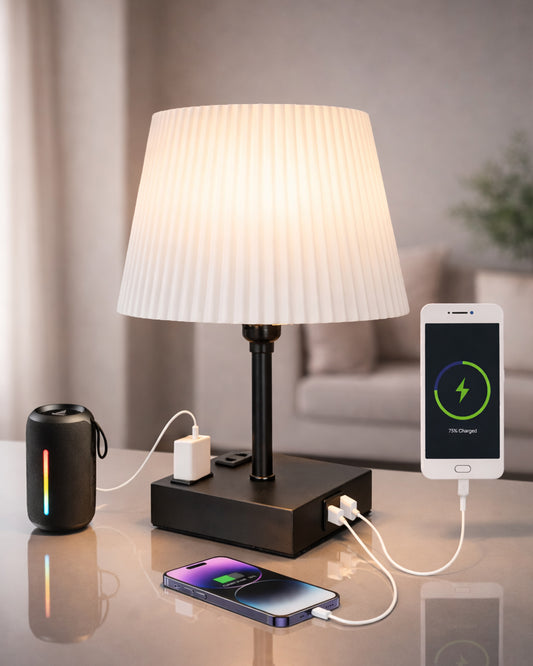 Homesake® Touch Table Lamp - Square Bedside Lamp with USB A + Type C Charging Ports and Two AC Outlets, Night Stand, Desk Light for Bedroom Living Room Office Dorm
