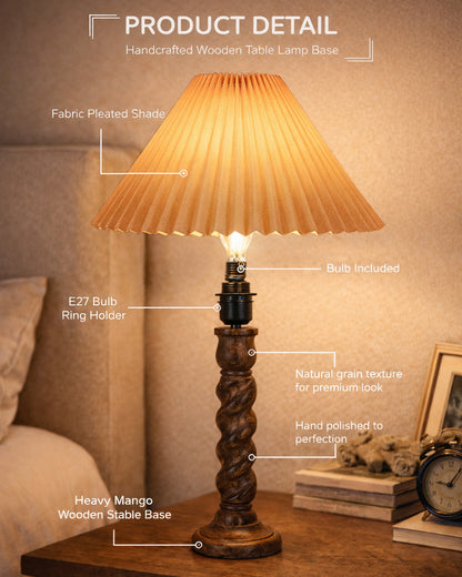 Homesake® Classic Twister Wooden Table Lamp with Shade | Handcrafted Bedside Lamp, E27 Holder| Bulb Included |Warm Light Night Lamp, Bedroom, Living Room, Study & Home Décor