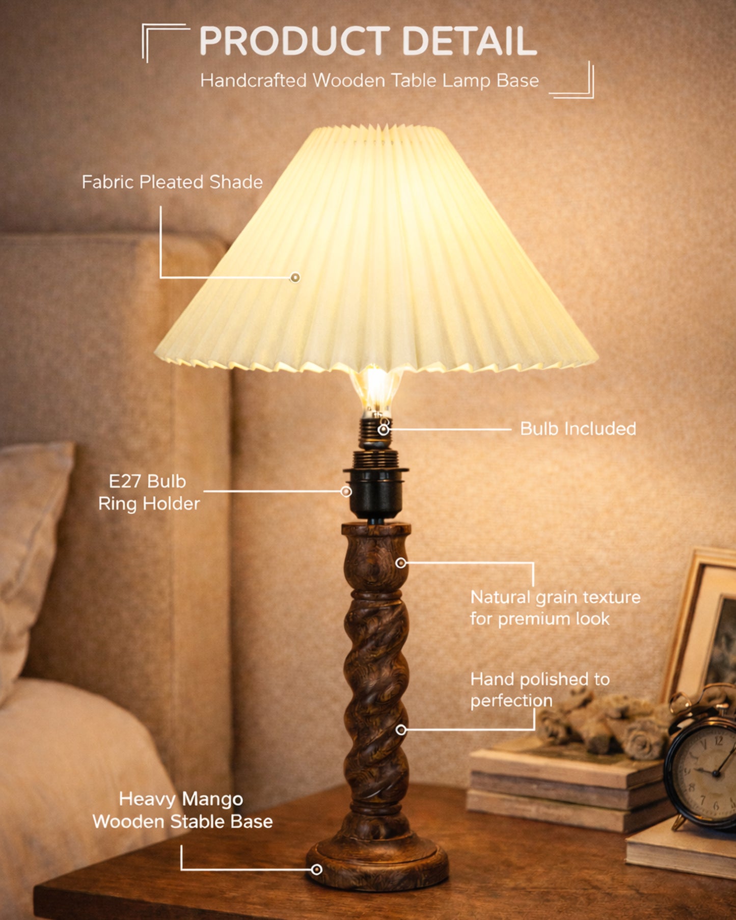 Homesake® Classic Twister Wooden Table Lamp with Shade | Handcrafted Bedside Lamp, E27 Holder| Bulb Included |Warm Light Night Lamp, Bedroom, Living Room, Study & Home Décor