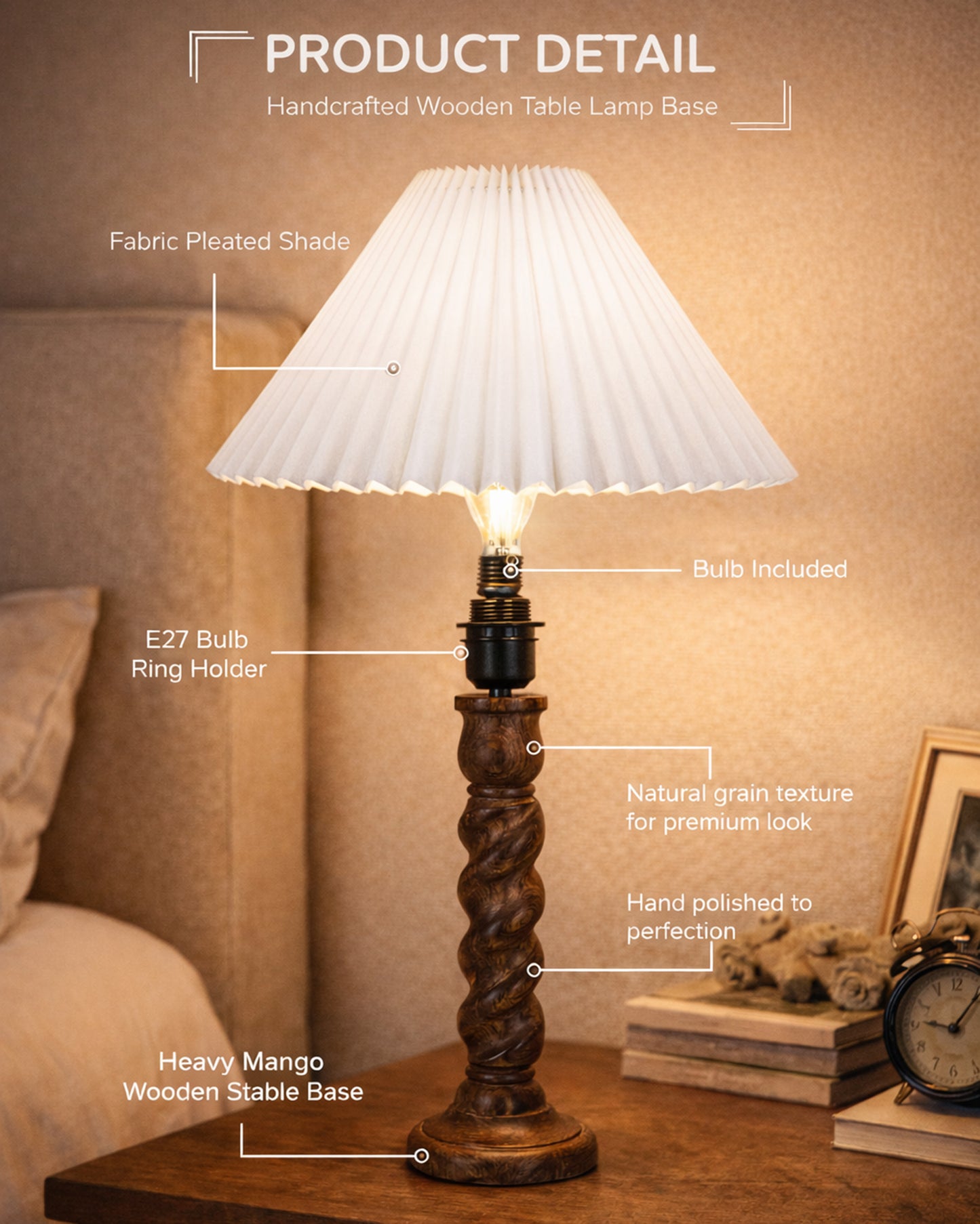 Homesake® Classic Twister Wooden Table Lamp with Shade | Handcrafted Bedside Lamp, E27 Holder| Bulb Included |Warm Light Night Lamp, Bedroom, Living Room, Study & Home Décor