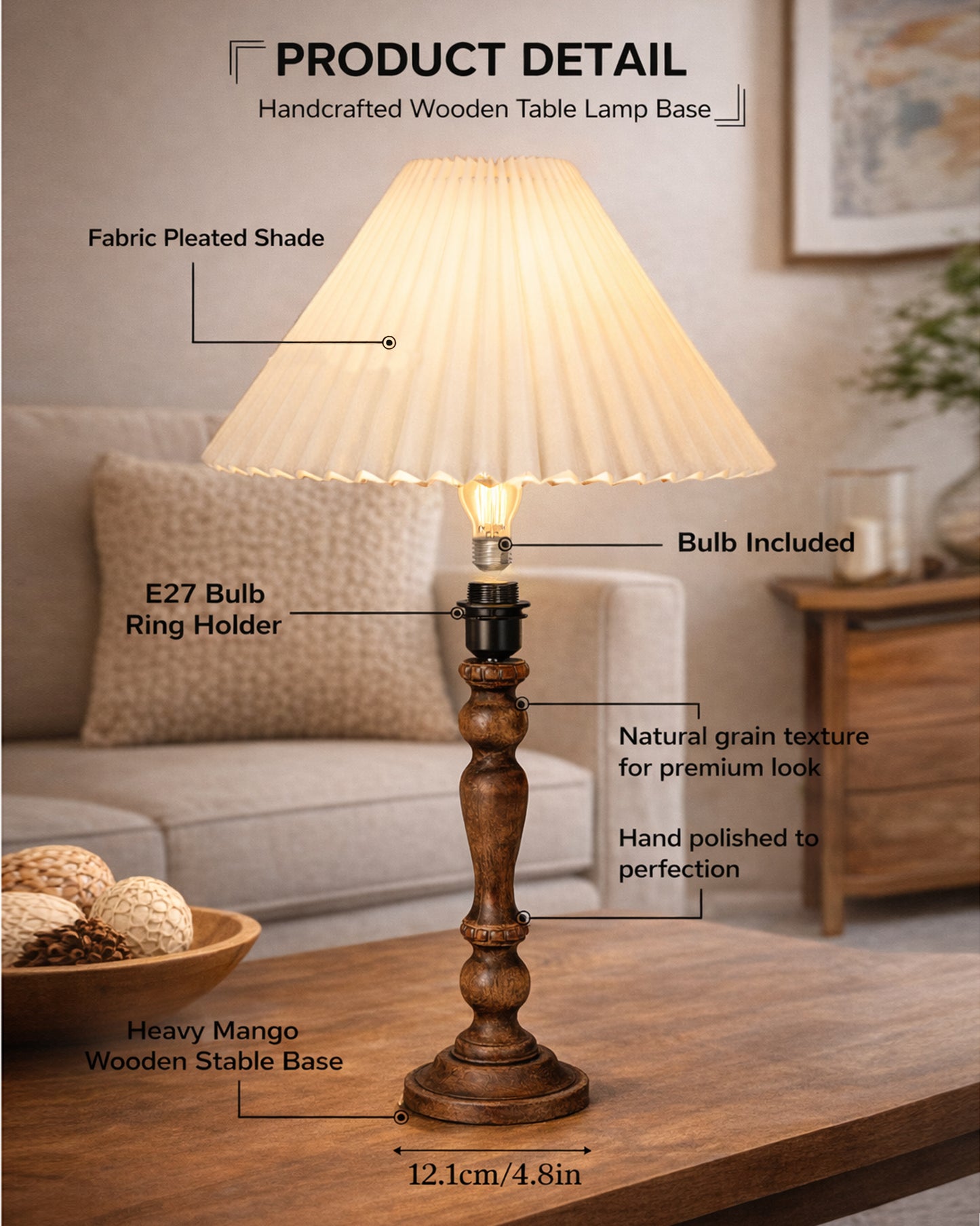 Homesake® Handcrafted Wooden Table Lamp for Bedroom & Living Room, Decorative Bedside Reading Lamp with Shade, E27 Holder, Bulb Included, Eureka Polka Base for Home Décor