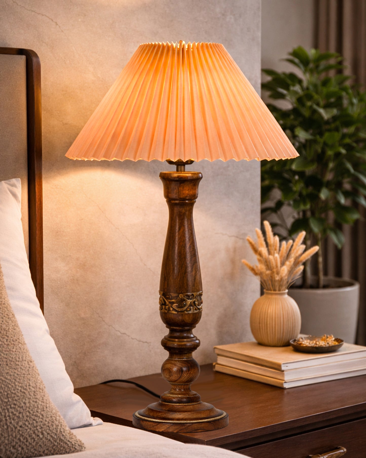 Homesake® Floral Carved Wood Table Lamp with Shade, Handcrafted Bedside Lamp, E27 Holder, Bulb Included, Warm Light Night Lamp, Bedroom, Living Room, Study & Home Décor