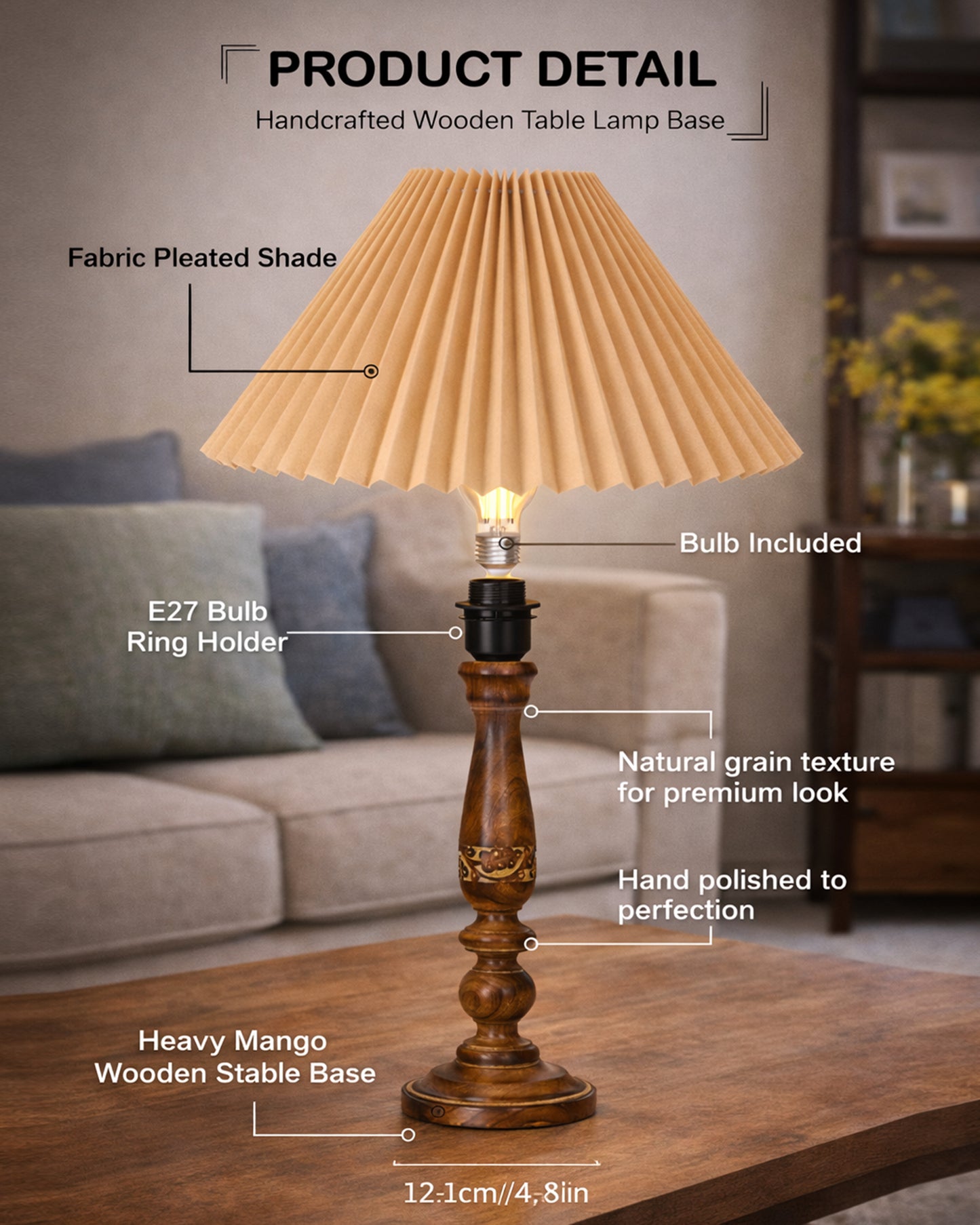 Homesake® Floral Carved Wood Table Lamp with Shade, Handcrafted Bedside Lamp, E27 Holder, Bulb Included, Warm Light Night Lamp, Bedroom, Living Room, Study & Home Décor