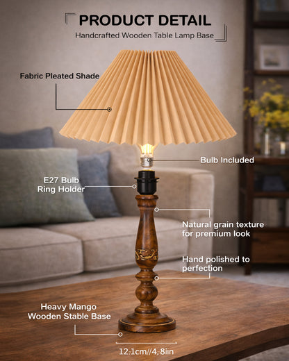 Homesake® Floral Carved Wood Table Lamp with Shade, Handcrafted Bedside Lamp, E27 Holder, Bulb Included, Warm Light Night Lamp, Bedroom, Living Room, Study & Home Décor