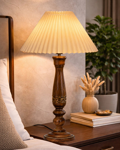 Homesake® Floral Carved Wood Table Lamp with Shade, Handcrafted Bedside Lamp, E27 Holder, Bulb Included, Warm Light Night Lamp, Bedroom, Living Room, Study & Home Décor