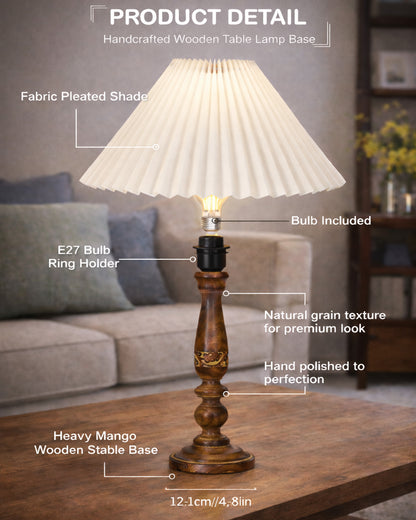 Homesake® Floral Carved Wood Table Lamp with Shade, Handcrafted Bedside Lamp, E27 Holder, Bulb Included, Warm Light Night Lamp, Bedroom, Living Room, Study & Home Décor