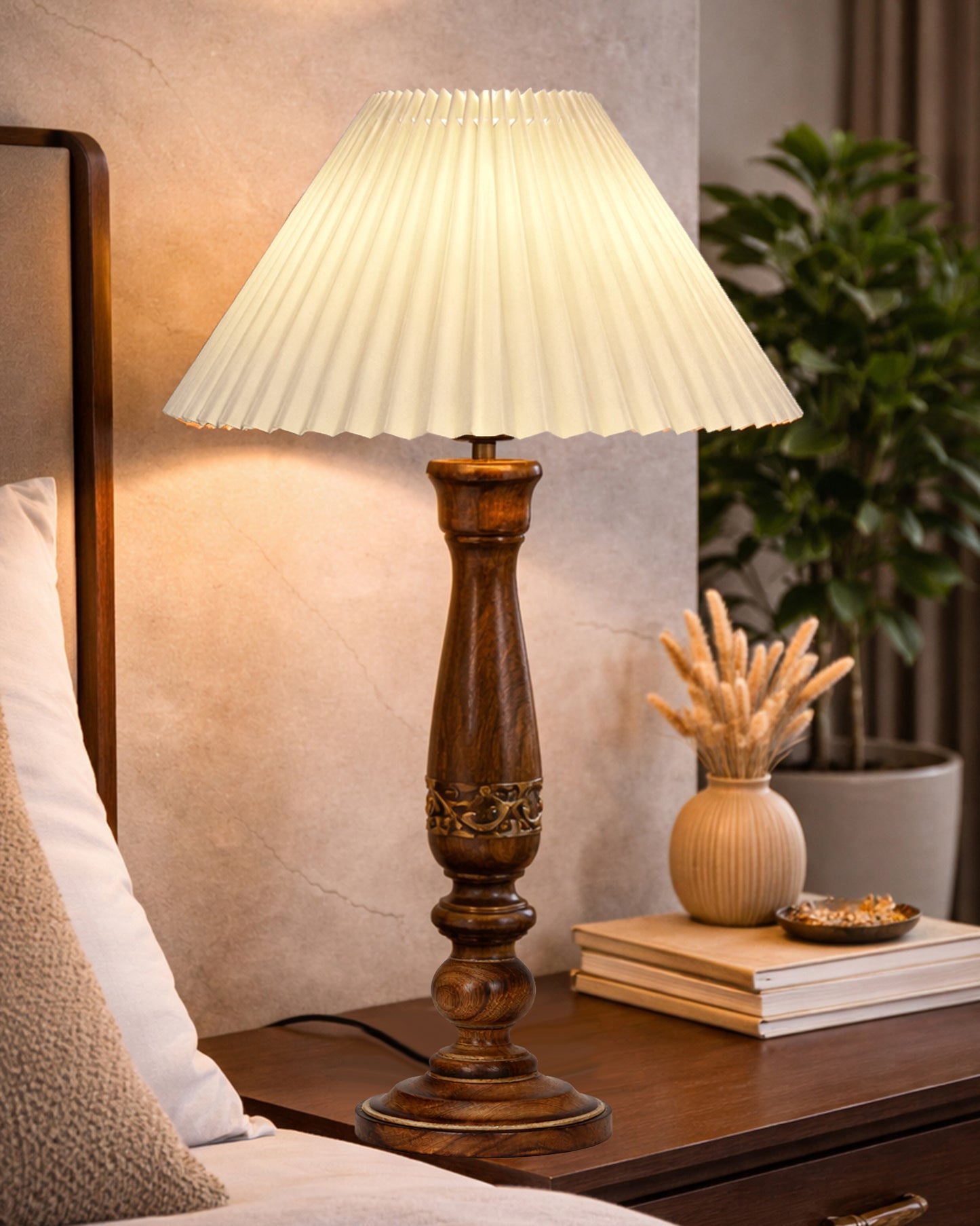 Homesake® Floral Carved Wood Table Lamp with Shade, Handcrafted Bedside Lamp, E27 Holder, Bulb Included, Warm Light Night Lamp, Bedroom, Living Room, Study & Home Décor