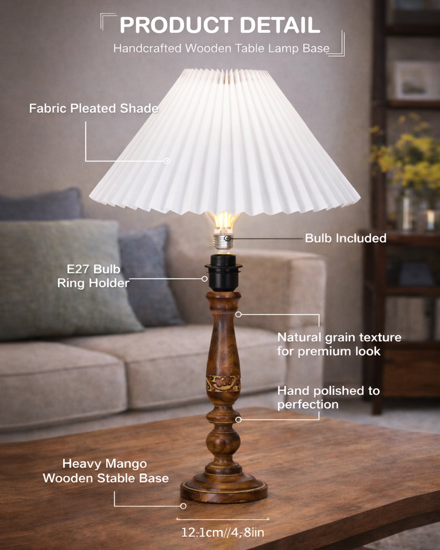 Homesake® Floral Carved Wood Table Lamp with Shade, Handcrafted Bedside Lamp, E27 Holder, Bulb Included, Warm Light Night Lamp, Bedroom, Living Room, Study & Home Décor