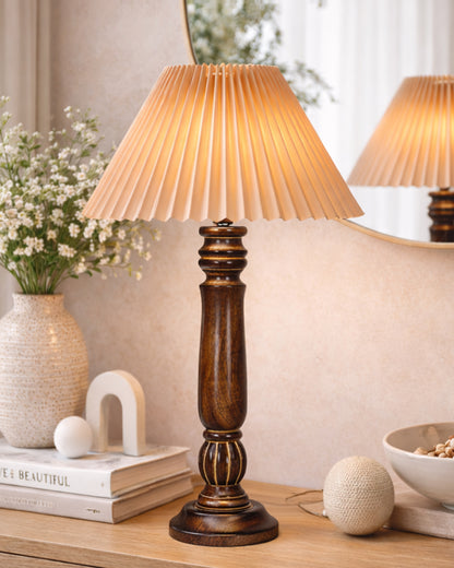 Homesake® Handcrafted Fold Wooden Table Lamp with Fabric Shade for Living Room, Bedroom & Bedside Solid Wood Melon Decorative Night Lamp, Classic Modern Table Light for Study, Hotel & Reading