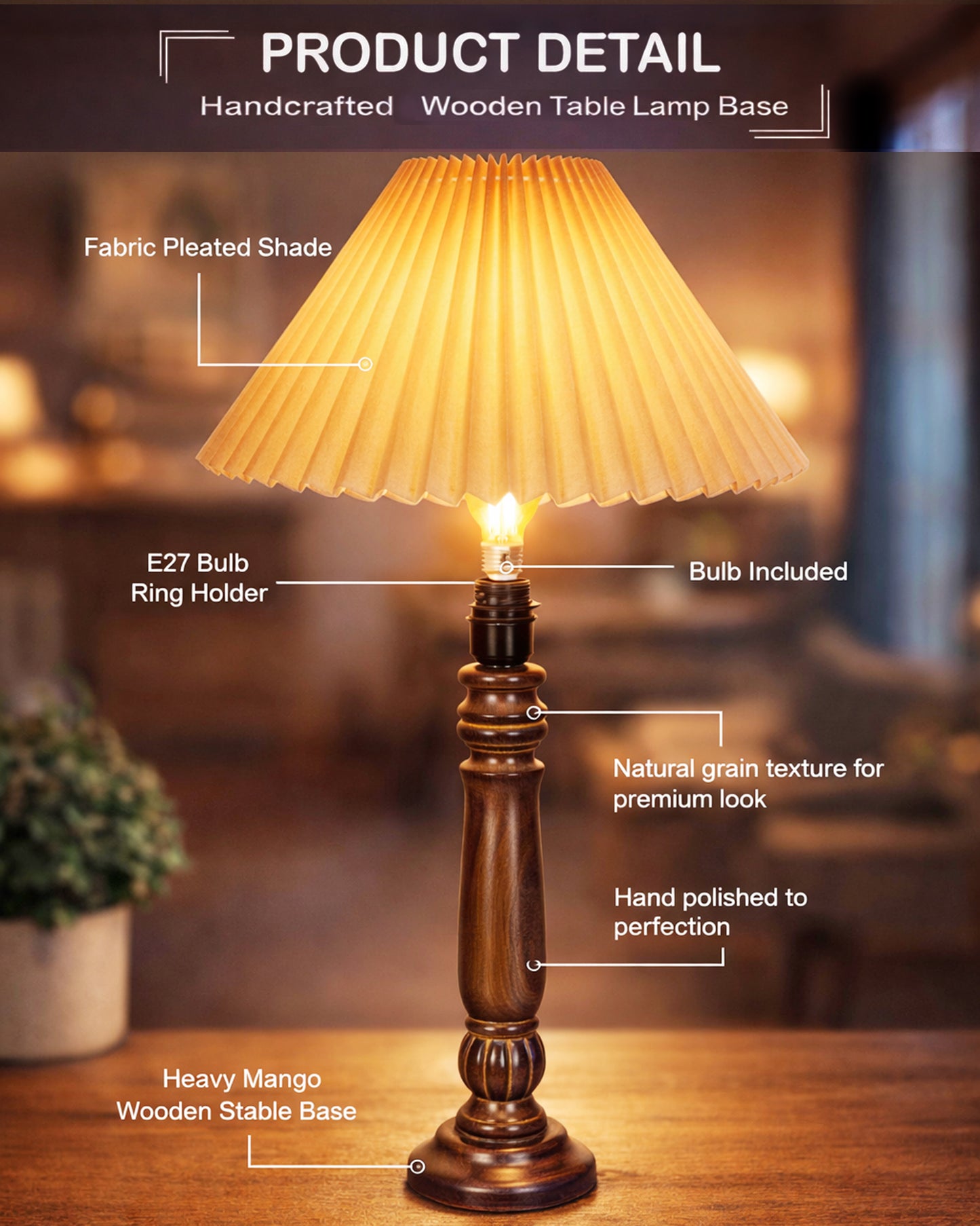 Homesake® Handcrafted Fold Wooden Table Lamp with Fabric Shade for Living Room, Bedroom & Bedside Solid Wood Melon Decorative Night Lamp, Classic Modern Table Light for Study, Hotel & Reading