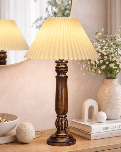 Homesake® Handcrafted Fold Wooden Table Lamp with Fabric Shade for Living Room, Bedroom & Bedside Solid Wood Melon Decorative Night Lamp, Classic Modern Table Light for Study, Hotel & Reading