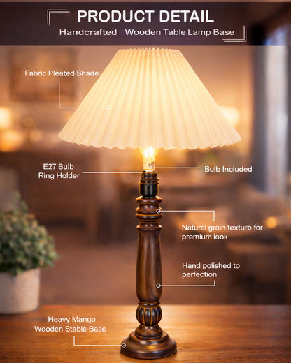 Homesake® Handcrafted Fold Wooden Table Lamp with Fabric Shade for Living Room, Bedroom & Bedside Solid Wood Melon Decorative Night Lamp, Classic Modern Table Light for Study, Hotel & Reading