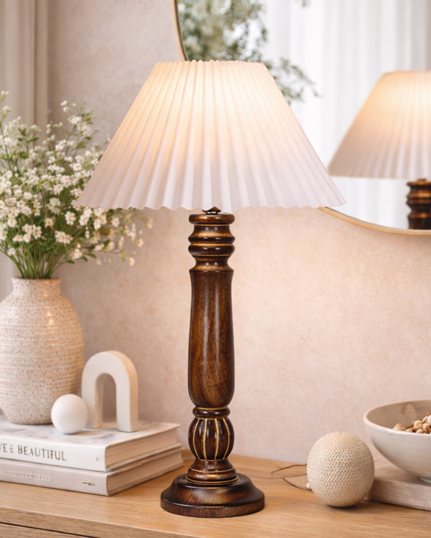 Homesake® Handcrafted Fold Wooden Table Lamp with Fabric Shade for Living Room, Bedroom & Bedside Solid Wood Melon Decorative Night Lamp, Classic Modern Table Light for Study, Hotel & Reading