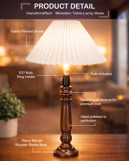 Homesake® Handcrafted Fold Wooden Table Lamp with Fabric Shade for Living Room, Bedroom & Bedside Solid Wood Melon Decorative Night Lamp, Classic Modern Table Light for Study, Hotel & Reading