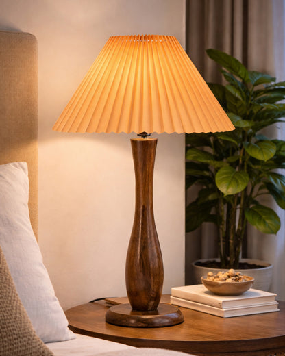 Homesake® Handcrafted Wooden Table Lamp with Pleated Fabric Shade, Solid Wood Spindle Antique Decorative Night Lamp, Elegant Scandinavian Style Bedside & Living room lamp, Study, Hotel & Reading lamp