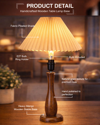 Homesake® Handcrafted Wooden Table Lamp with Pleated Fabric Shade, Solid Wood Spindle Antique Decorative Night Lamp, Elegant Scandinavian Style Bedside & Living room lamp, Study, Hotel & Reading lamp