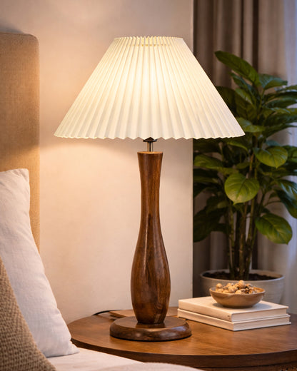 Homesake® Handcrafted Wooden Table Lamp with Pleated Fabric Shade, Solid Wood Spindle Antique Decorative Night Lamp, Elegant Scandinavian Style Bedside & Living room lamp, Study, Hotel & Reading lamp