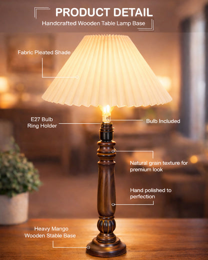 Homesake® Handcrafted Wooden Table Lamp with Pleated Fabric Shade, Solid Wood Spindle Antique Decorative Night Lamp, Elegant Scandinavian Style Bedside & Living room lamp, Study, Hotel & Reading lamp