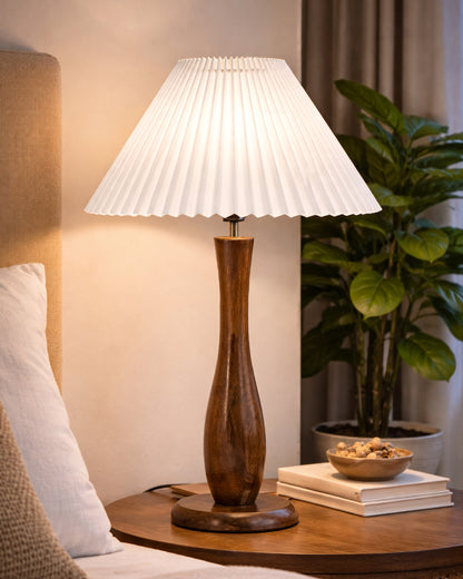 Homesake® Handcrafted Wooden Table Lamp with Pleated Fabric Shade, Solid Wood Spindle Antique Decorative Night Lamp, Elegant Scandinavian Style Bedside & Living room lamp, Study, Hotel & Reading lamp