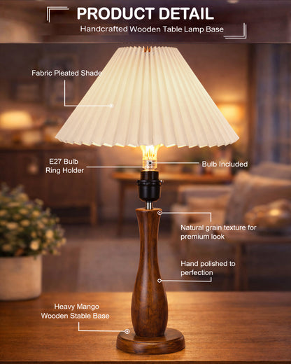 Homesake® Handcrafted Wooden Table Lamp with Pleated Fabric Shade, Solid Wood Spindle Antique Decorative Night Lamp, Elegant Scandinavian Style Bedside & Living room lamp, Study, Hotel & Reading lamp