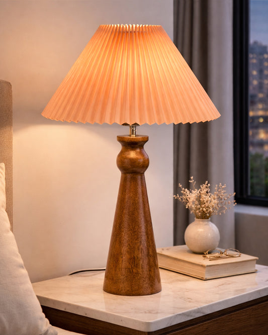 Homesake® Handcrafted Wooden Table Lamp with Fabric Shade for Bedroom, Elegant Scandinavian Style Bedside & Living room lamp, Study, Hotel & Reading lamp