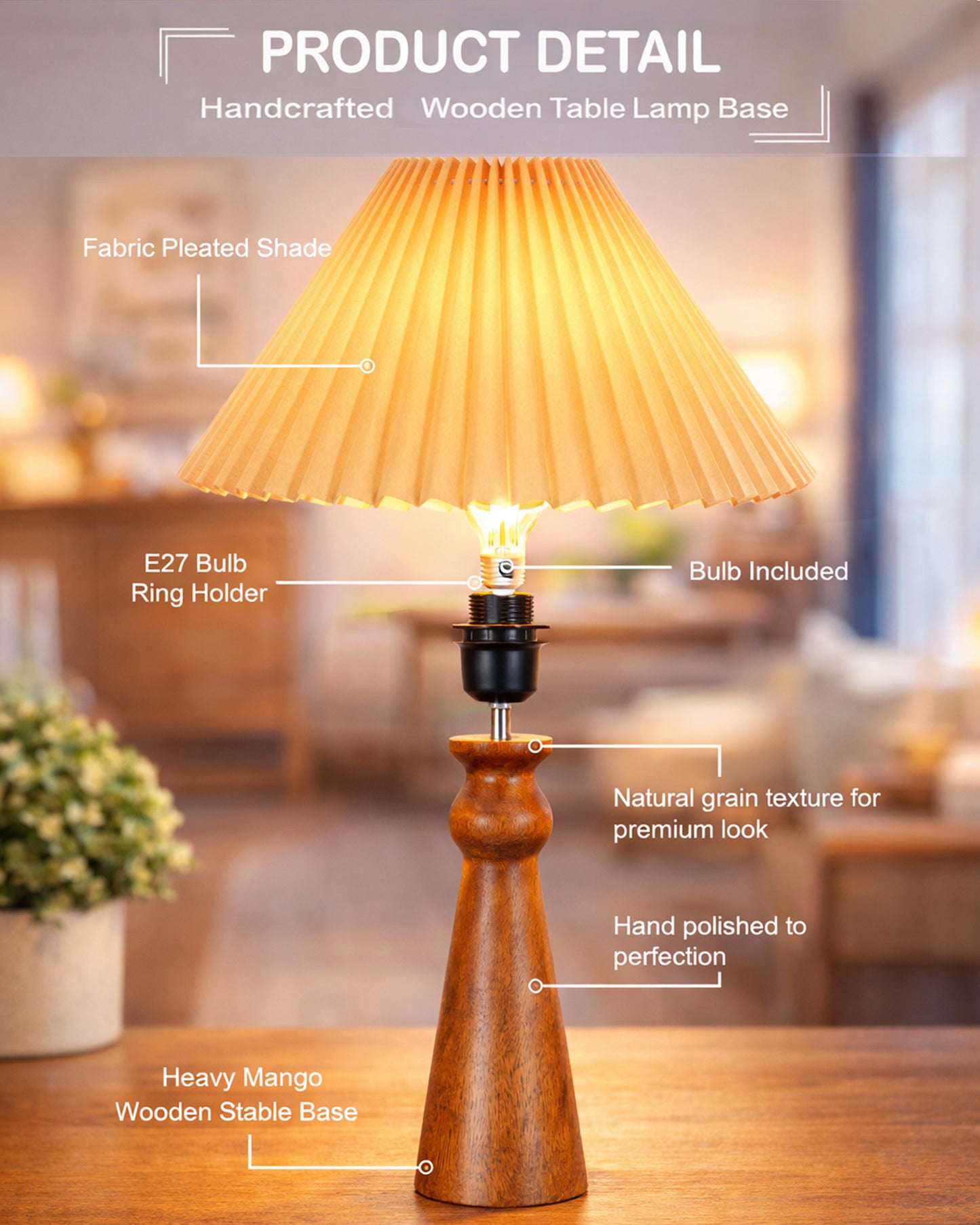 Homesake® Handcrafted Wooden Table Lamp with Fabric Shade for Bedroom, Elegant Scandinavian Style Bedside & Living room lamp, Study, Hotel & Reading lamp