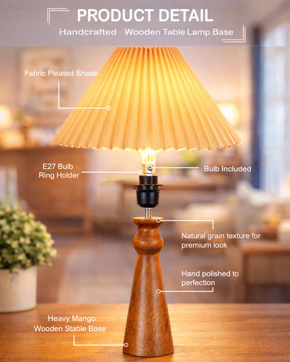 Homesake® Handcrafted Wooden Table Lamp with Fabric Shade for Bedroom, Elegant Scandinavian Style Bedside & Living room lamp, Study, Hotel & Reading lamp