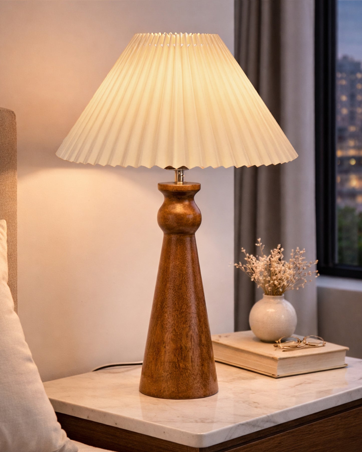Homesake® Handcrafted Wooden Table Lamp with Fabric Shade for Bedroom, Elegant Scandinavian Style Bedside & Living room lamp, Study, Hotel & Reading lamp