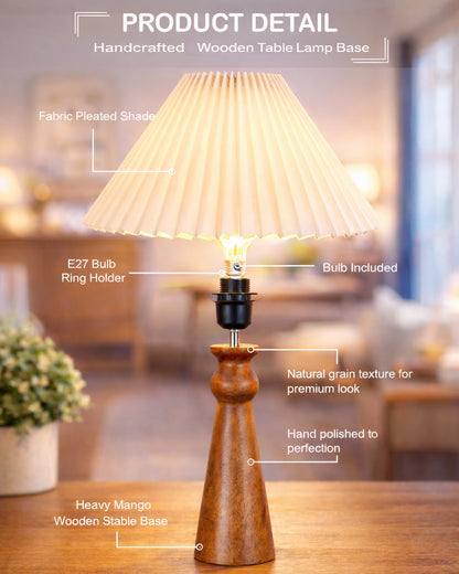 Homesake® Handcrafted Wooden Table Lamp with Fabric Shade for Bedroom, Elegant Scandinavian Style Bedside & Living room lamp, Study, Hotel & Reading lamp