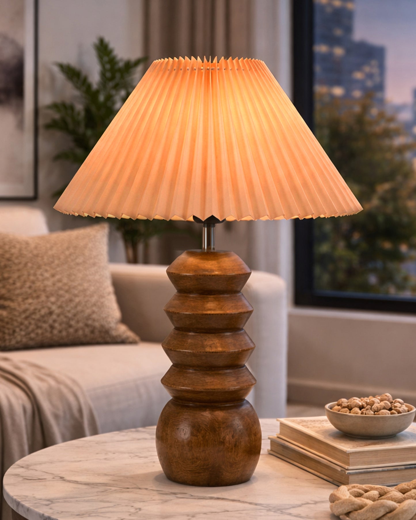 Homesake® Handcrafted Solid Wood Table Lamp with Pleated Fabric Shade, Modern Totem Night Lamp for Bedroom, Living Room, Bedside, Study & Hotel Décor