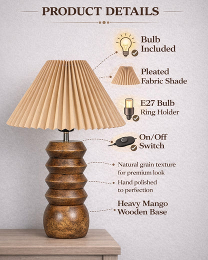 Homesake® Handcrafted Solid Wood Table Lamp with Pleated Fabric Shade, Modern Totem Night Lamp for Bedroom, Living Room, Bedside, Study & Hotel Décor