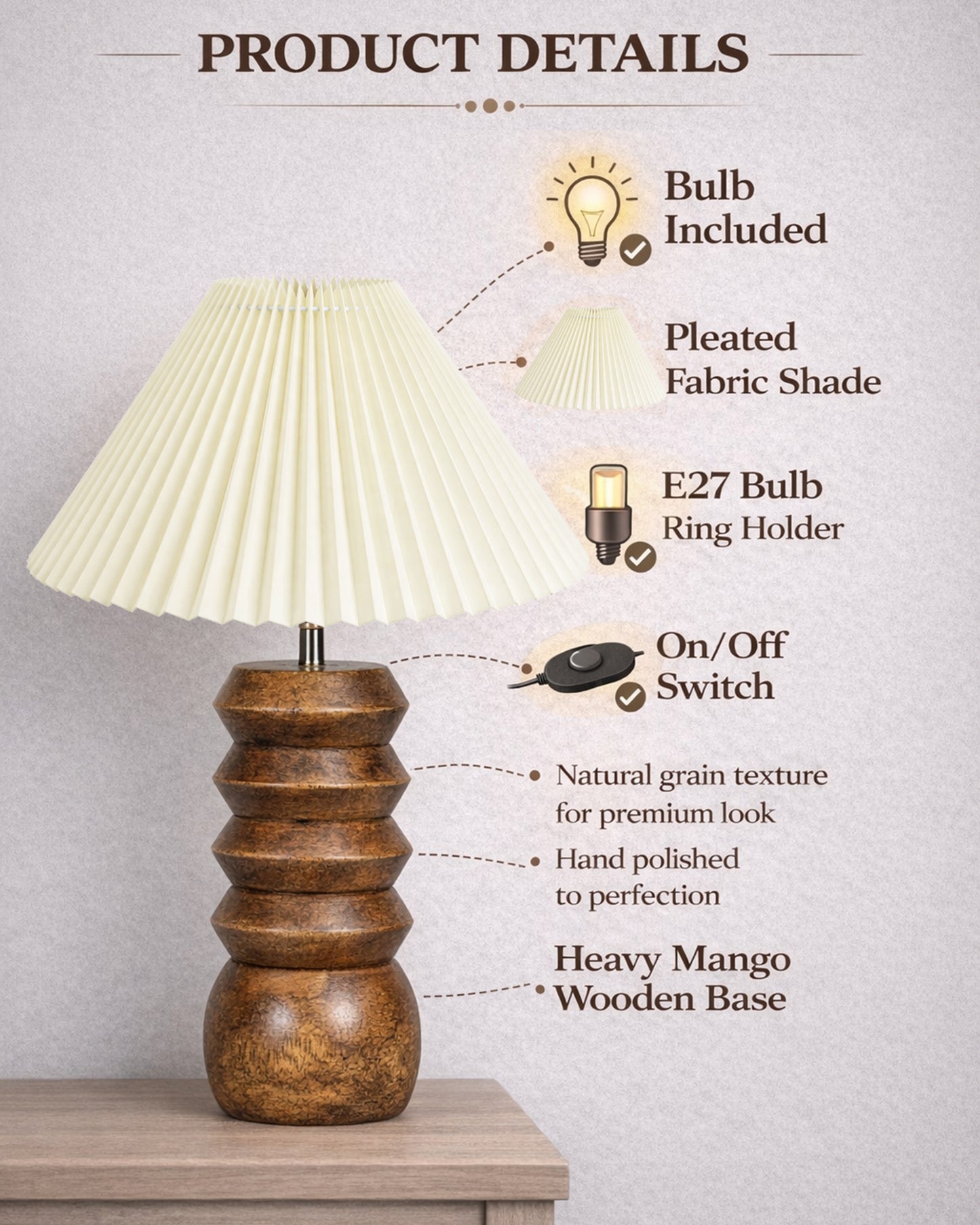 Homesake® Handcrafted Solid Wood Table Lamp with Pleated Fabric Shade, Modern Totem Night Lamp for Bedroom, Living Room, Bedside, Study & Hotel Décor