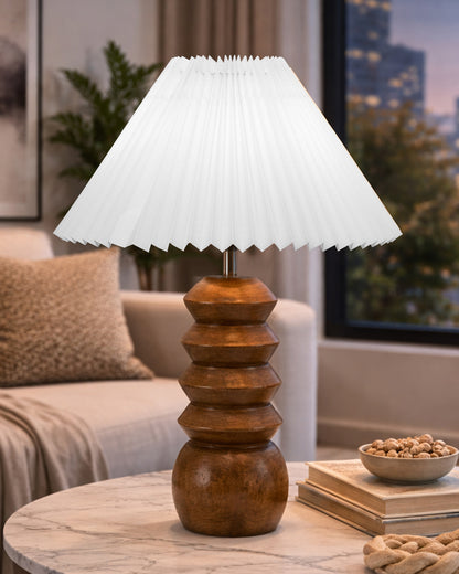 Homesake® Handcrafted Solid Wood Table Lamp with Pleated Fabric Shade, Modern Totem Night Lamp for Bedroom, Living Room, Bedside, Study & Hotel Décor