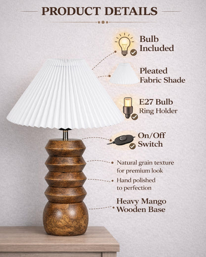 Homesake® Handcrafted Solid Wood Table Lamp with Pleated Fabric Shade, Modern Totem Night Lamp for Bedroom, Living Room, Bedside, Study & Hotel Décor