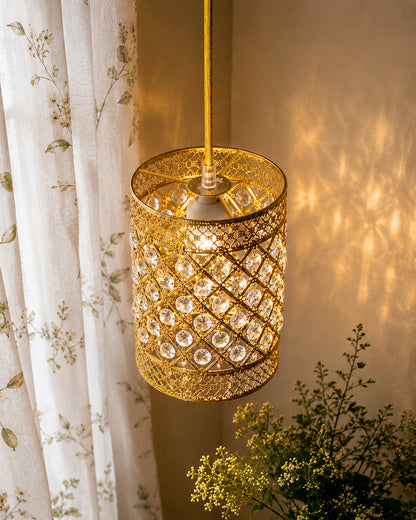 Homesake® Moroccan Crystal Hanging Pendant Light, Vintage Metal Jali Ceiling Lamp, Bulb Included for Living Room, Bedroom & Balcony, Warm Ceiling Light, Round