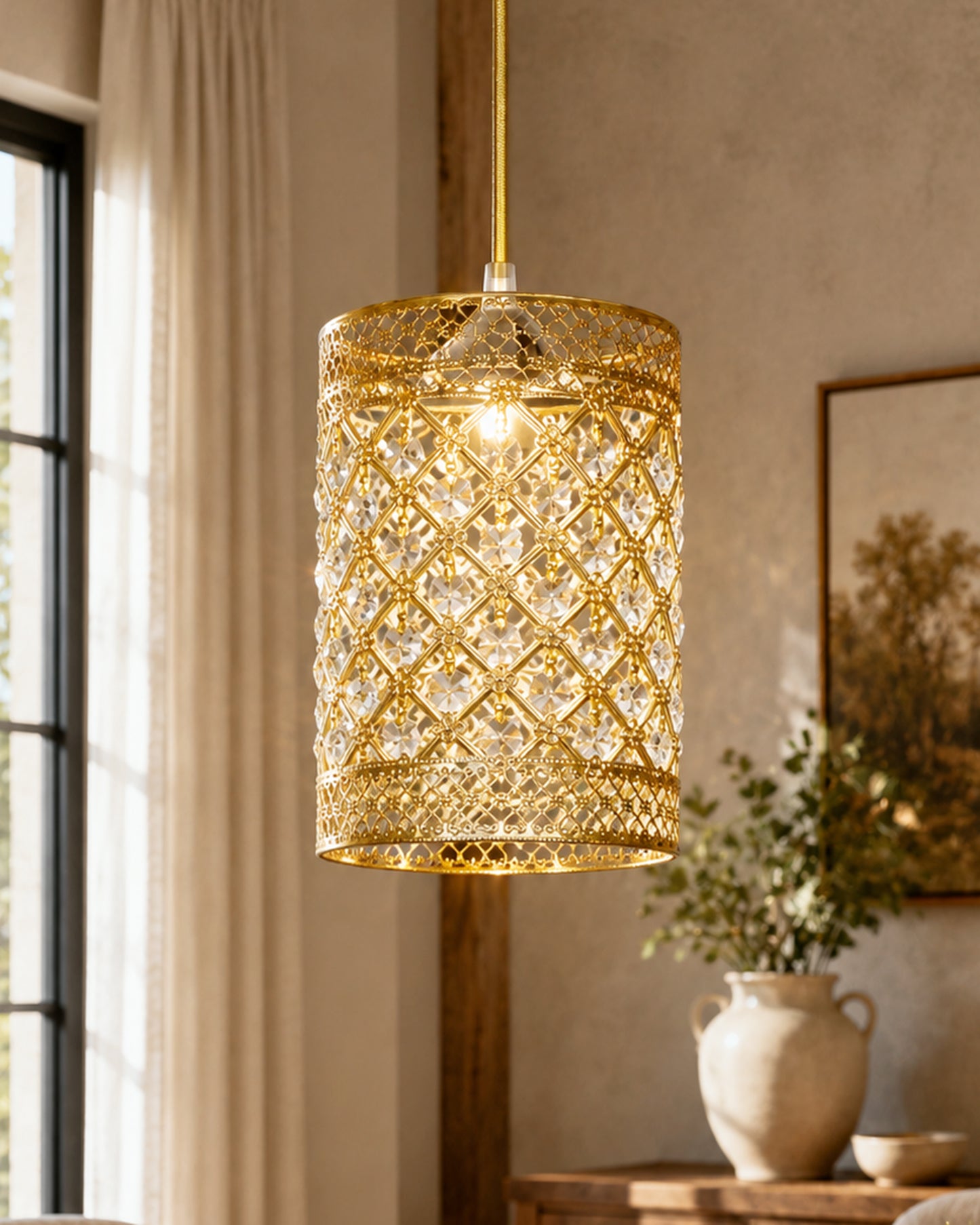 Homesake® Moroccan Crystal Hanging Pendant Light, Vintage Metal Jali Ceiling Lamp, Bulb Included for Living Room, Bedroom & Balcony, Warm Ceiling Light, Round