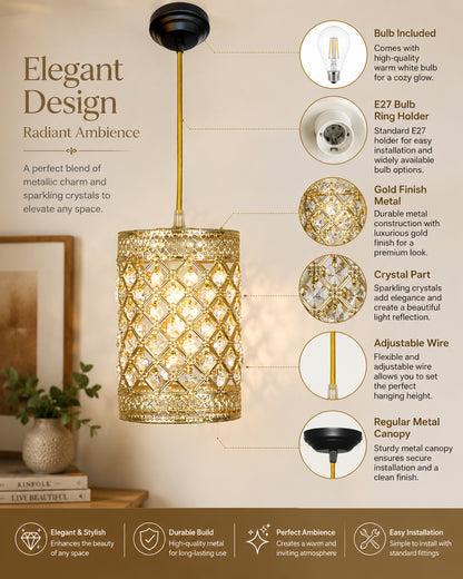 Homesake® Moroccan Crystal Hanging Pendant Light, Vintage Metal Jali Ceiling Lamp, Bulb Included for Living Room, Bedroom & Balcony, Warm Ceiling Light, Round