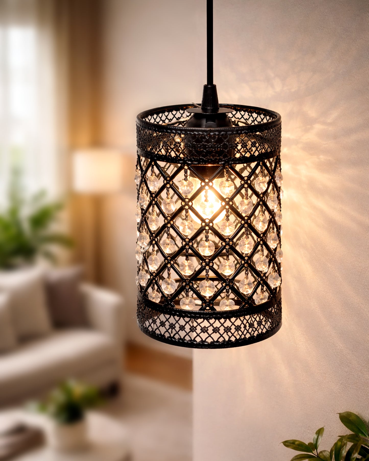 Homesake® Moroccan Crystal Hanging Pendant Light, Vintage Metal Jali Ceiling Lamp, Bulb Included for Living Room, Bedroom & Balcony, Warm Ceiling Light, Black Rectangle