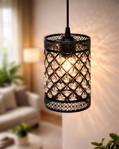 Homesake® Moroccan Crystal Hanging Pendant Light, Vintage Metal Jali Ceiling Lamp, Bulb Included for Living Room, Bedroom & Balcony, Warm Ceiling Light, Black Rectangle