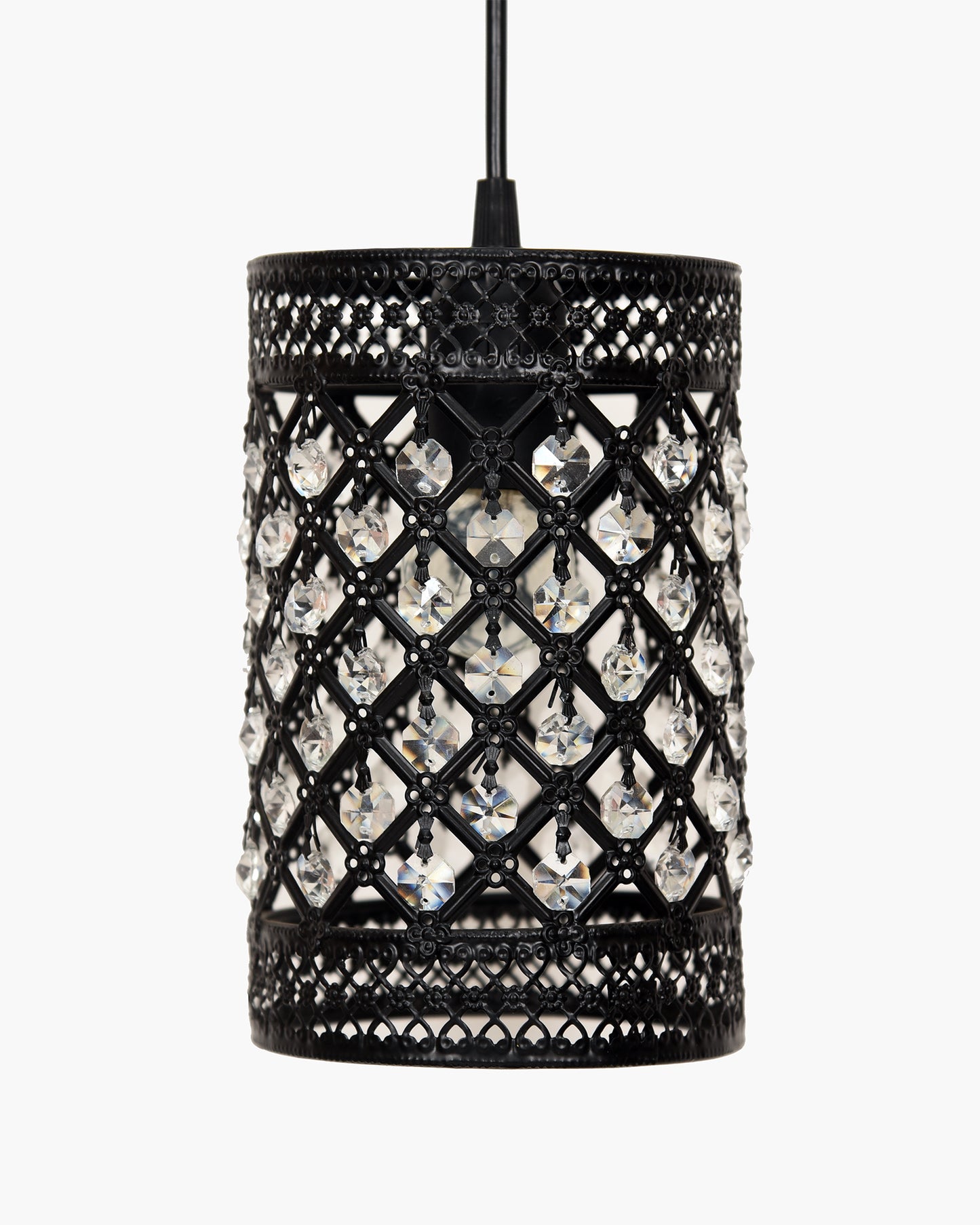 Homesake® Moroccan Crystal Hanging Pendant Light, Vintage Metal Jali Ceiling Lamp, Bulb Included for Living Room, Bedroom & Balcony, Warm Ceiling Light, Black Rectangle