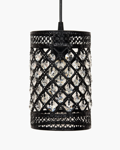 Homesake® Moroccan Crystal Hanging Pendant Light, Vintage Metal Jali Ceiling Lamp, Bulb Included for Living Room, Bedroom & Balcony, Warm Ceiling Light, Black Rectangle