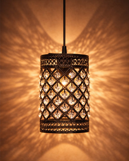 Homesake® Moroccan Crystal Hanging Pendant Light, Vintage Metal Jali Ceiling Lamp, Bulb Included for Living Room, Bedroom & Balcony, Warm Ceiling Light, Black Rectangle