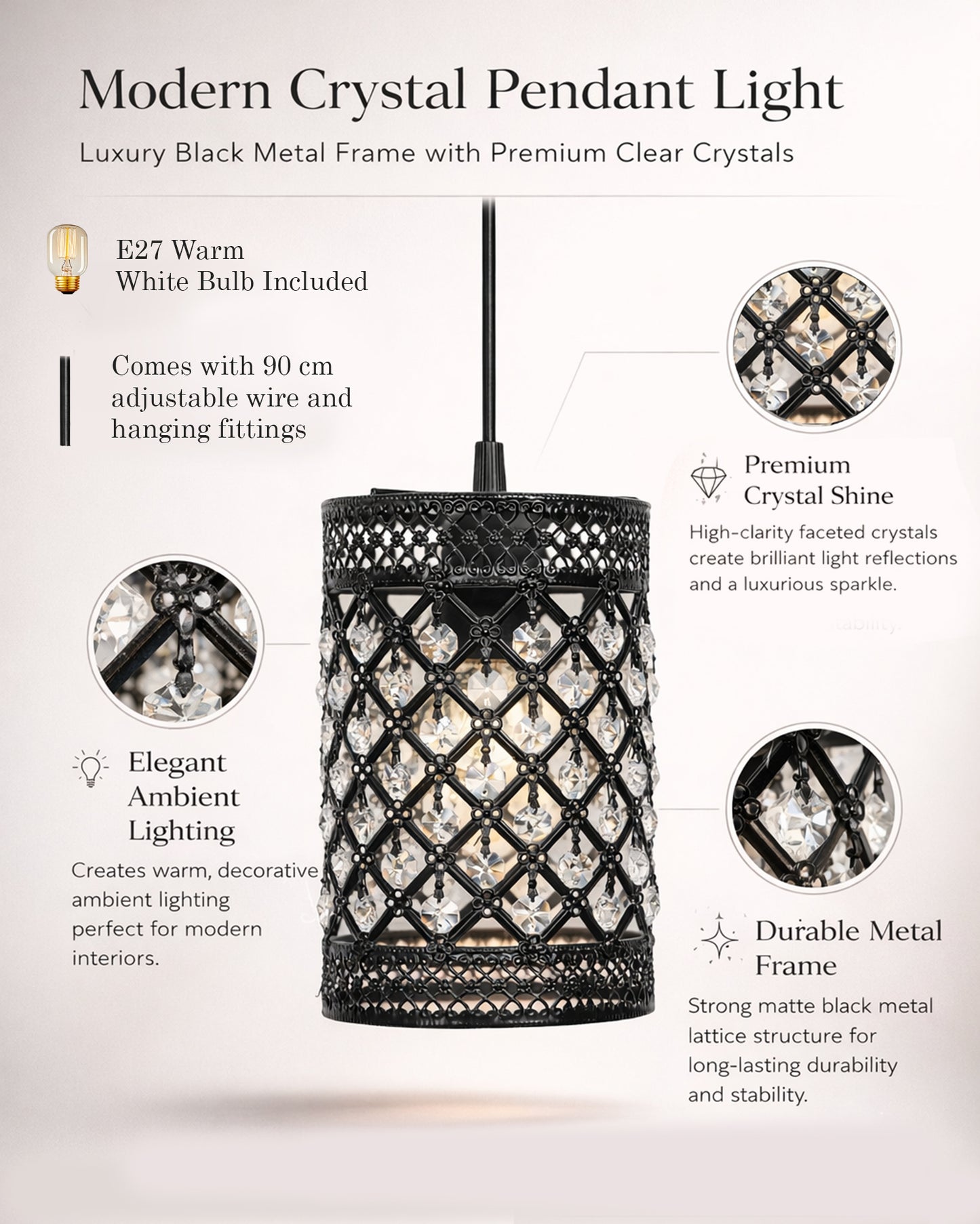 Homesake® Moroccan Crystal Hanging Pendant Light, Vintage Metal Jali Ceiling Lamp, Bulb Included for Living Room, Bedroom & Balcony, Warm Ceiling Light, Black Rectangle