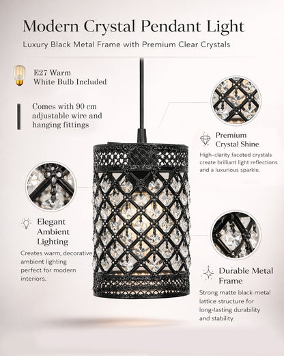 Homesake® Moroccan Crystal Hanging Pendant Light, Vintage Metal Jali Ceiling Lamp, Bulb Included for Living Room, Bedroom & Balcony, Warm Ceiling Light, Black Rectangle