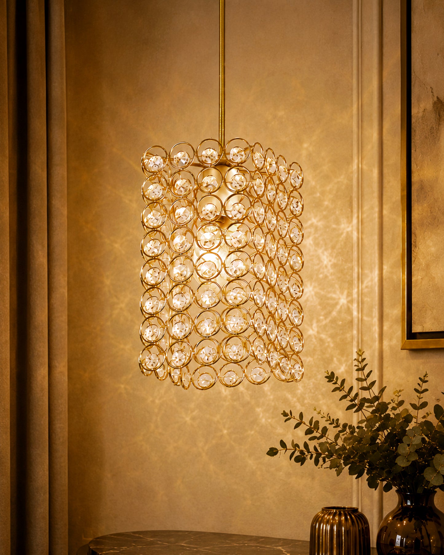 Homesake® Moroccan Crystal Hanging Pendant Light, Vintage Metal Jali Ceiling Lamp, Bulb Included for Living Room, Bedroom & Balcony, Warm Ceiling Light, Round