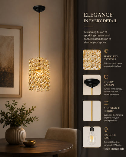 Homesake® Moroccan Crystal Hanging Pendant Light, Vintage Metal Jali Ceiling Lamp, Bulb Included for Living Room, Bedroom & Balcony, Warm Ceiling Light, Round