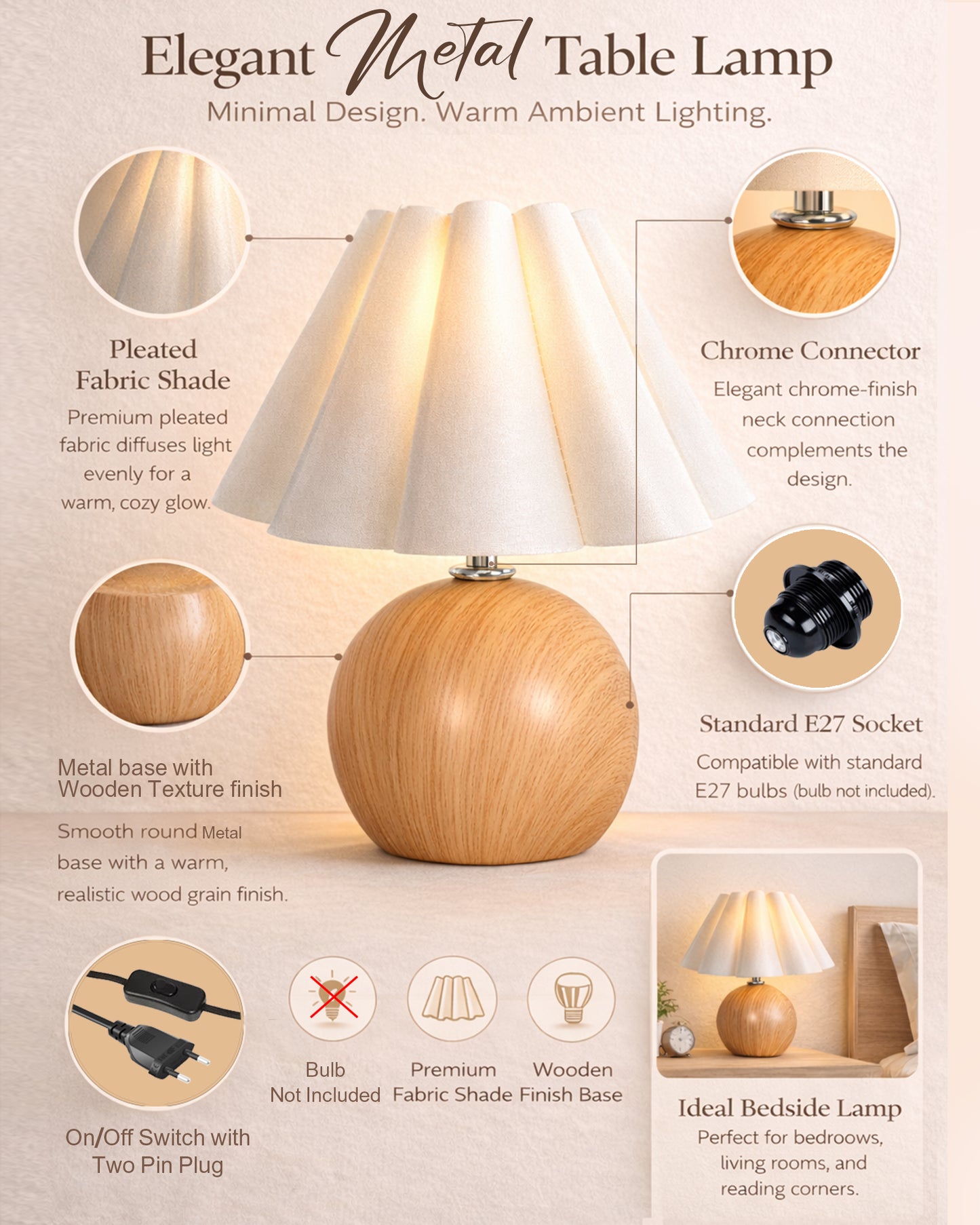 Homesake® Wood Grain Pattern Small Table Lamp, Desk Light, Bedroom Lamps for Nightstand, Scalloped Lamp Shade, Lamps for Small Spaces for Bedroom, Living Room, Round